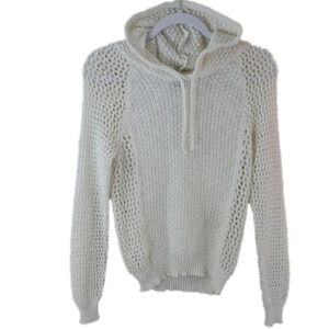 Poof! White Crochet Knit Long Sleeve Pullover Drawstring Neckline Hoodie Top